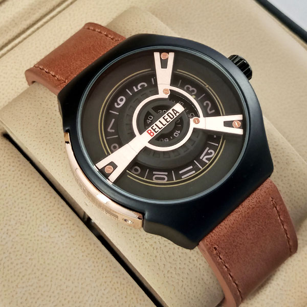 Belleda B8715 Original Watch Leather Strap Dial Black & Gold Color
