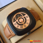 Belleda 8714 Leather Strap Watch Gold And Black Dial With Brown Strap