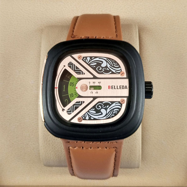Belleda 8714 Leather Strap Watch Gold And Black Dial With Brown Strap Stylish Watch
