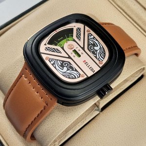 Belleda 8714 Leather Strap Watch Gold And Black Dial With Brown Strap Stylish Watch