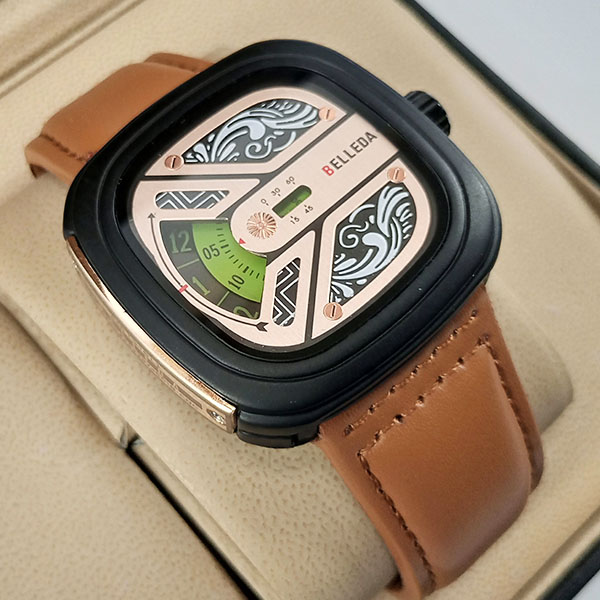 Belleda 8714 Leather Strap Watch Gold And Black Dial With Brown Strap Stylish Watch