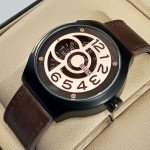 Belleda 8715 Leather Strap Watch Gold And Black Dial With Brown Strap