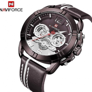 Naviforce NF-9168 Leather Strap Silver &  Black Color  Watch
