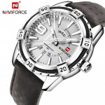 NAVIFORCE NF-9117M Leather Strap With Day & Date Silver Color Watch