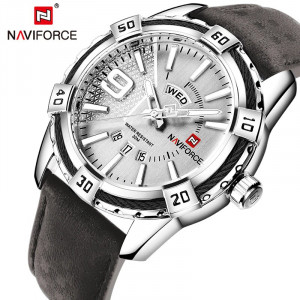 NAVIFORCE NF-9117M Leather Strap With Day & Date Silver Color Watch
