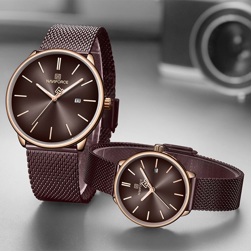 Naviforce NF-3012M Chaffer Chain Purple Color Couple Watch