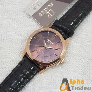 Omax PR0016 Black Rose Gold Color Leather Strap Ladies Watch