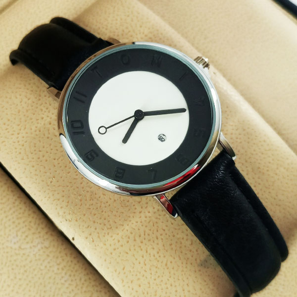 Tomi T065 Men Leather Watch With Black Strip and Black and White Dial