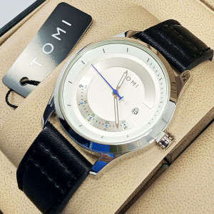 Tomi T099 Men Leather Watch With White & Silver Dial