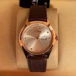 Tomi T030 Men Leather Watch Gold Dial Day And Date
