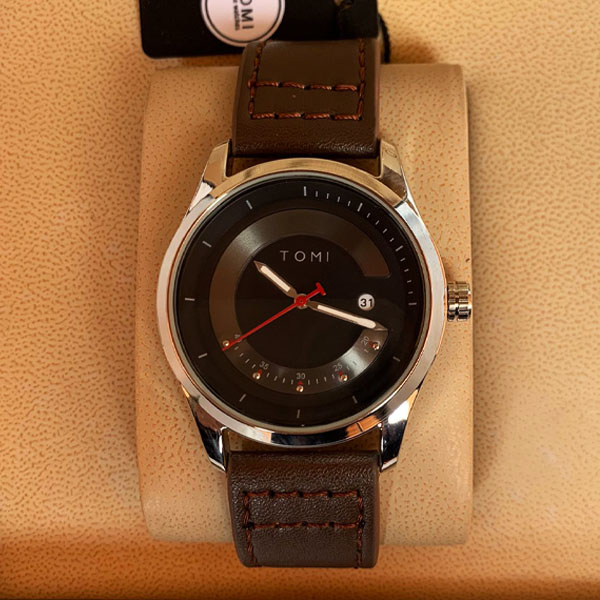 Tomi T099 Men Leather Watch With Black & Silver Dial