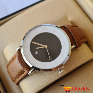 Tomi T065 Men Leather Watch With Brown Strip and Black and White Dial