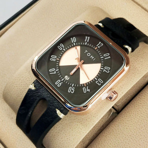 Tomi T094 Men Leather Strap Watch Gold & Black Dial