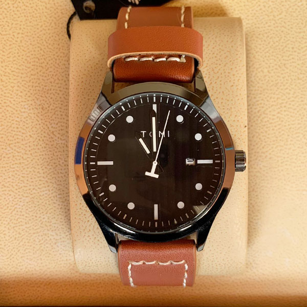 Tomi T092 Men Leather Strap Watch Black Dial With Date