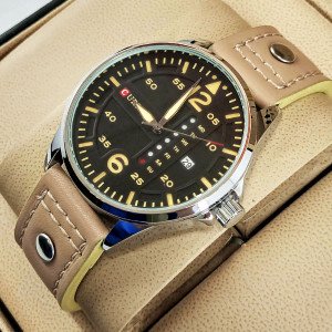 Curren 8224 Leather Strap Watch With Day Date Display Men Quartz Watch