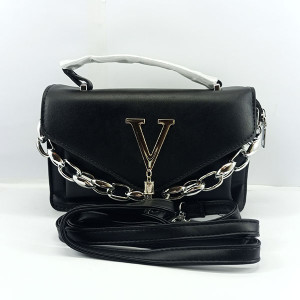 Ladies Hand Bag With Leather Stripe Black Color QB00352