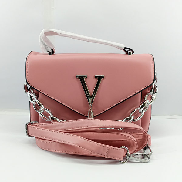 Ladies Hand Bag With Leather Stripe Pink Color QB00364