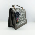 Ladies Hand Bag Grey & White Color With Leather Stripe QB00325