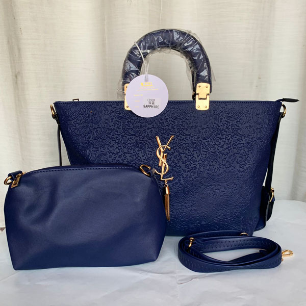 YSL Ladies Hand Bag 2 Piece With Leather Stripe Blue Color QB00244
