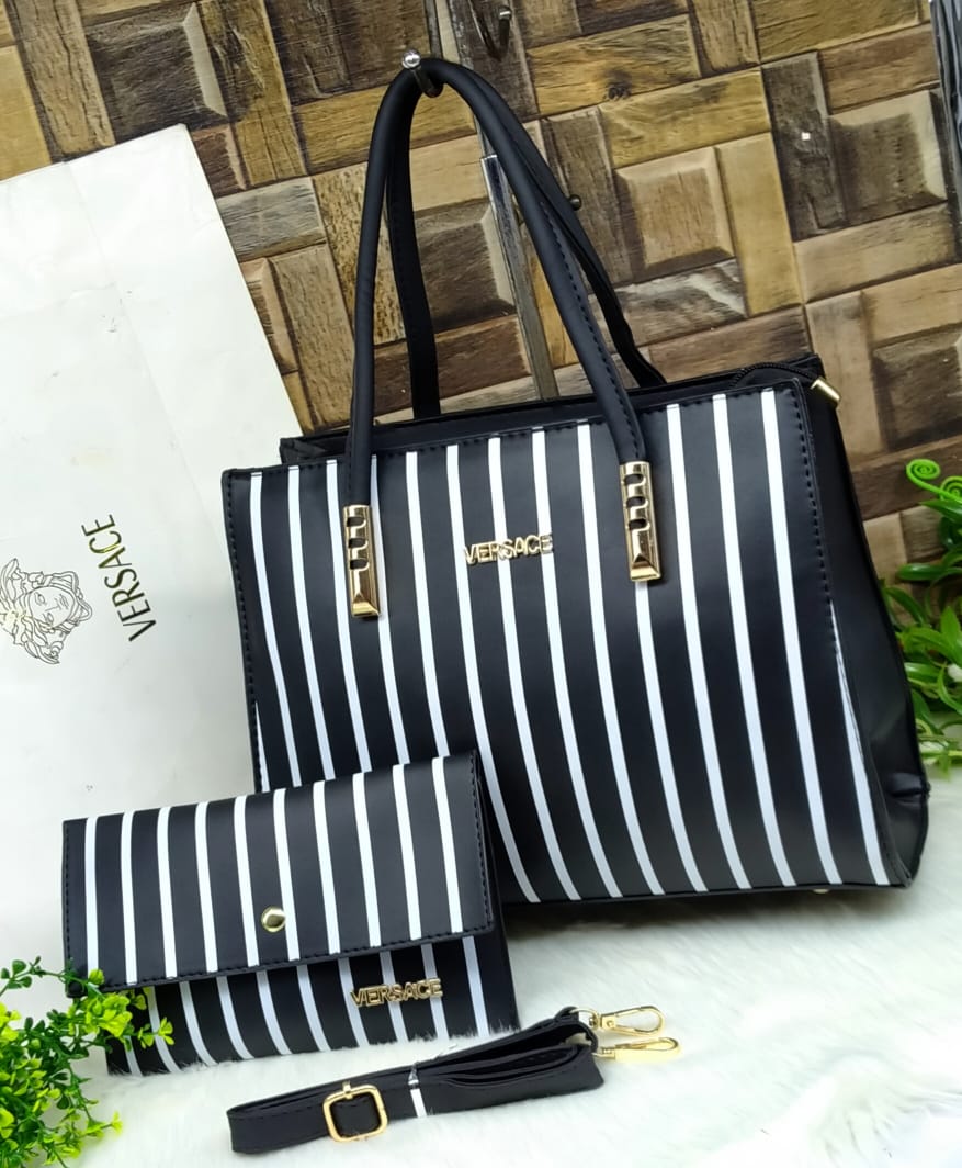 Versace Ladies Bag 2 Piece Black Color With White Lines QB00108