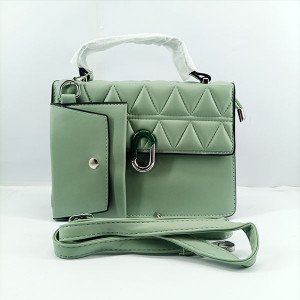 Ladies Hand Bag 2 Piece With Leather Stripe Sea Green Color QB00341
