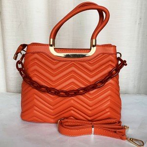 Female Stylish Hand Bag With Leather Stripe Brown Color QB00263
