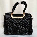 Female Stylish Hand Bag With Leather Stripe Black Color QB00264