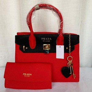 Prada Ladies Hand Bag 2 Piece Red & Black Color QB00242