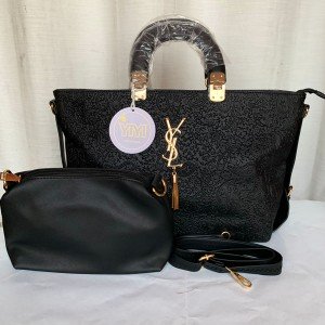 YSL Ladies Hand Bag 2 Piece With Leather Stripe Black Color QB00243