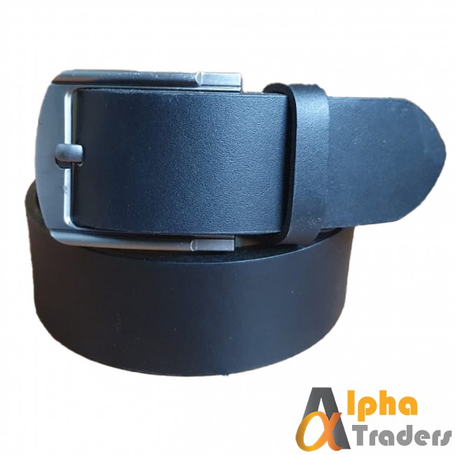 Plane Black Leather Belt  with Silver Buckle